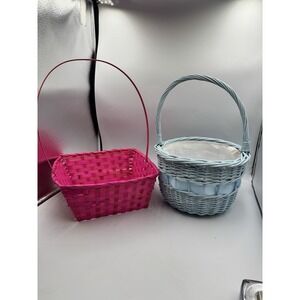 Lot Of 2 Large Rustic Wooden Easter Baskets Hot Pink & Baby Blue LARGE